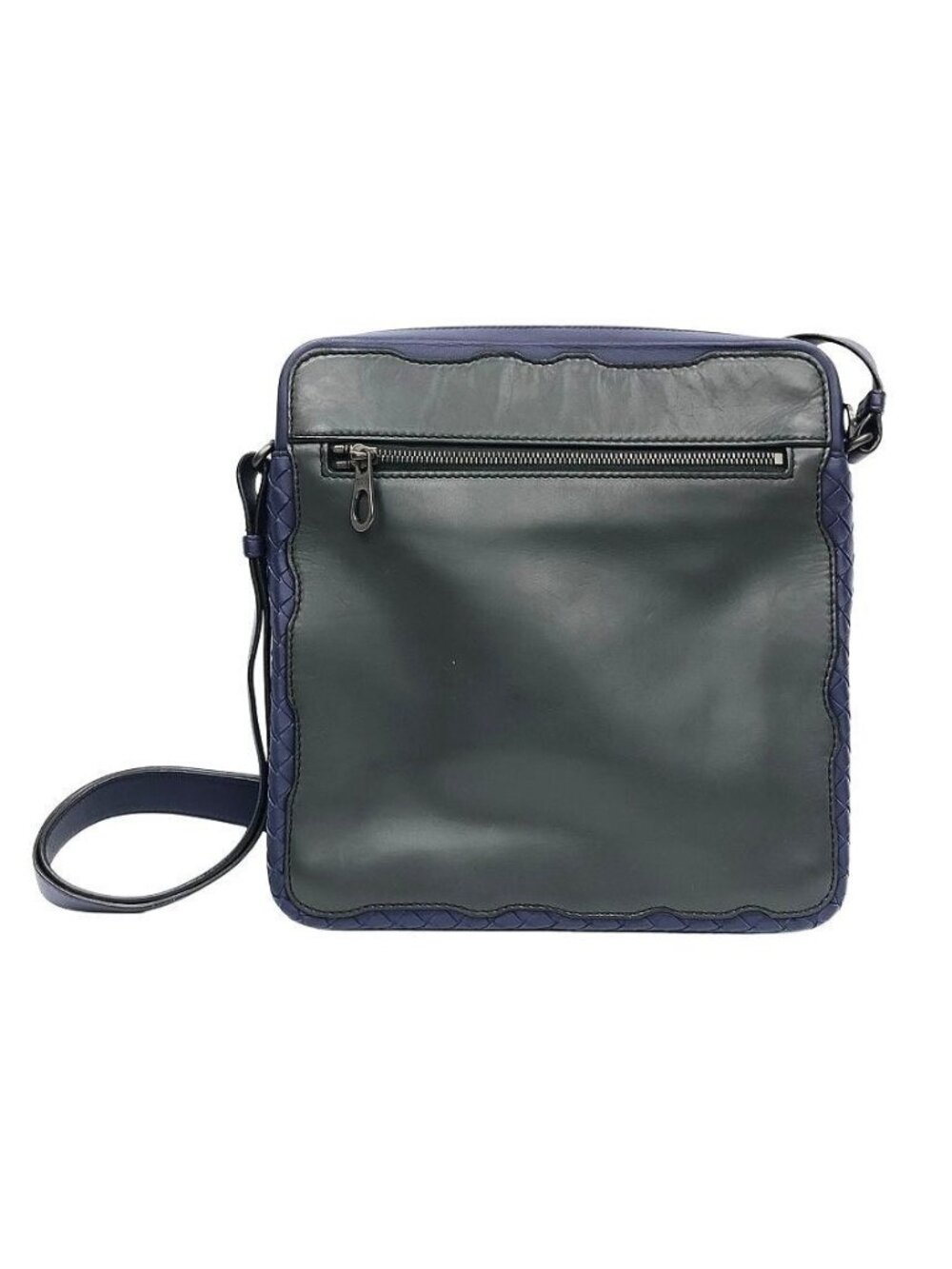 Bottega Veneta Intrecciato Trim Leather Shoulder Bag Crossbody Navy Gray Braided